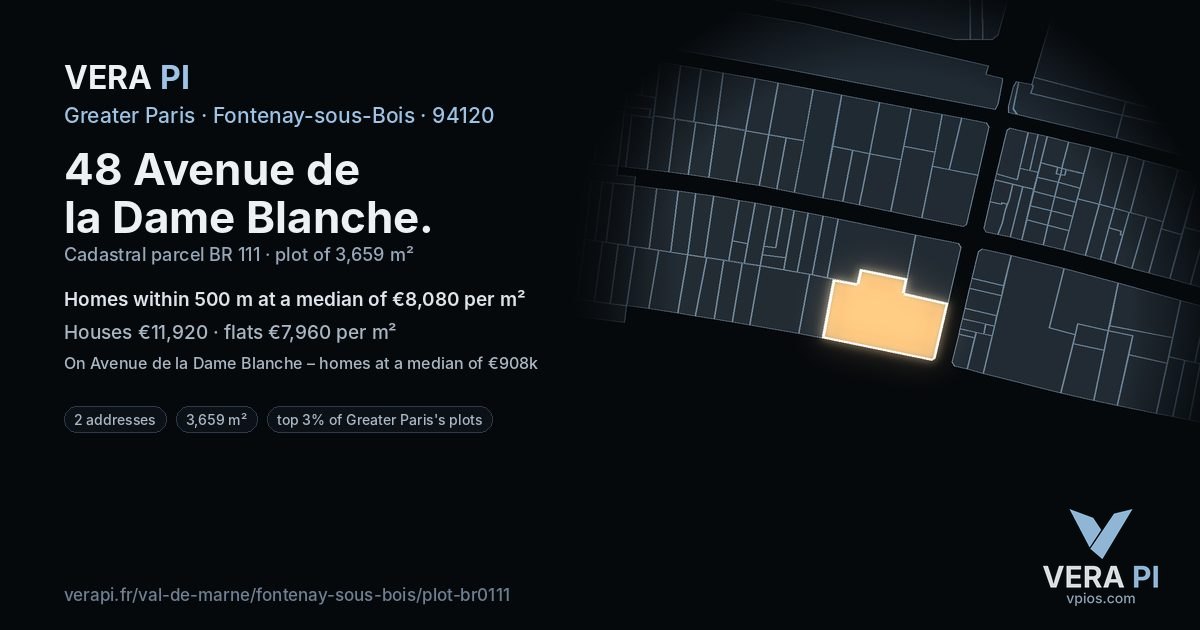 48 Avenue de la Dame Blanche, Fontenay-sous-Bois at night – the plot lit, the parcels around coloured by the prices near them