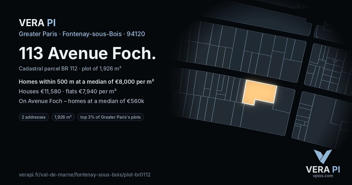 113 Avenue Foch, Fontenay-sous-Bois at night – the plot lit, the parcels around coloured by the prices near them