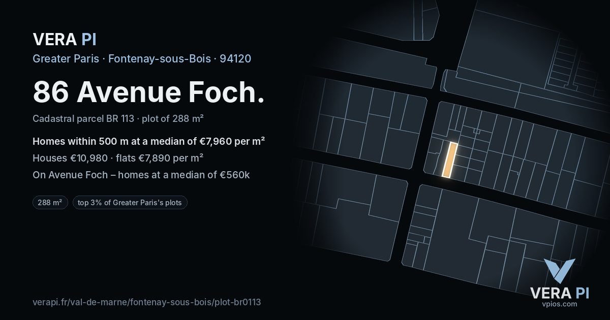 86 Avenue Foch, Fontenay-sous-Bois at night – the plot lit, the parcels around coloured by the prices near them