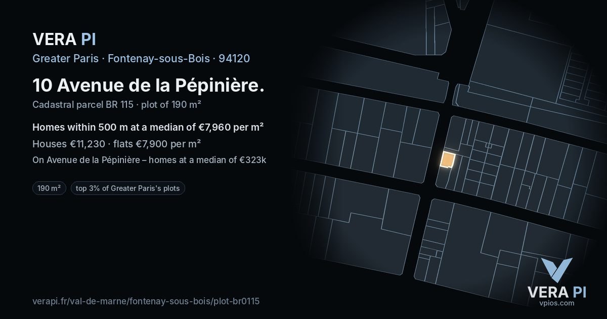 10 Avenue de la Pépinière, Fontenay-sous-Bois at night – the plot lit, the parcels around coloured by the prices near them