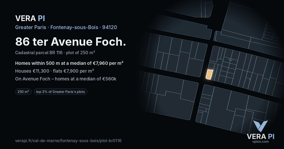 86 ter Avenue Foch, Fontenay-sous-Bois at night – the plot lit, the parcels around coloured by the prices near them