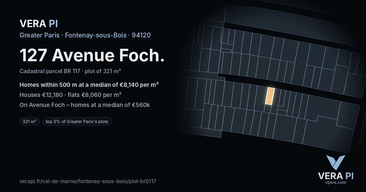 127 Avenue Foch, Fontenay-sous-Bois at night – the plot lit, the parcels around coloured by the prices near them