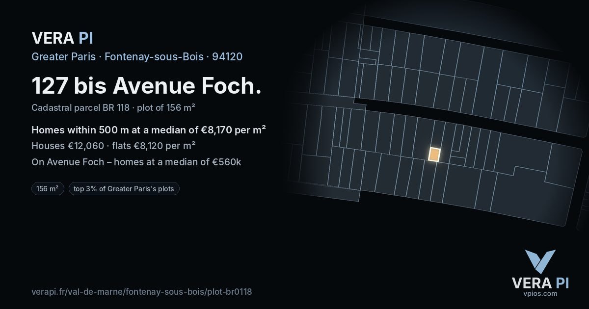 127 bis Avenue Foch, Fontenay-sous-Bois at night – the plot lit, the parcels around coloured by the prices near them