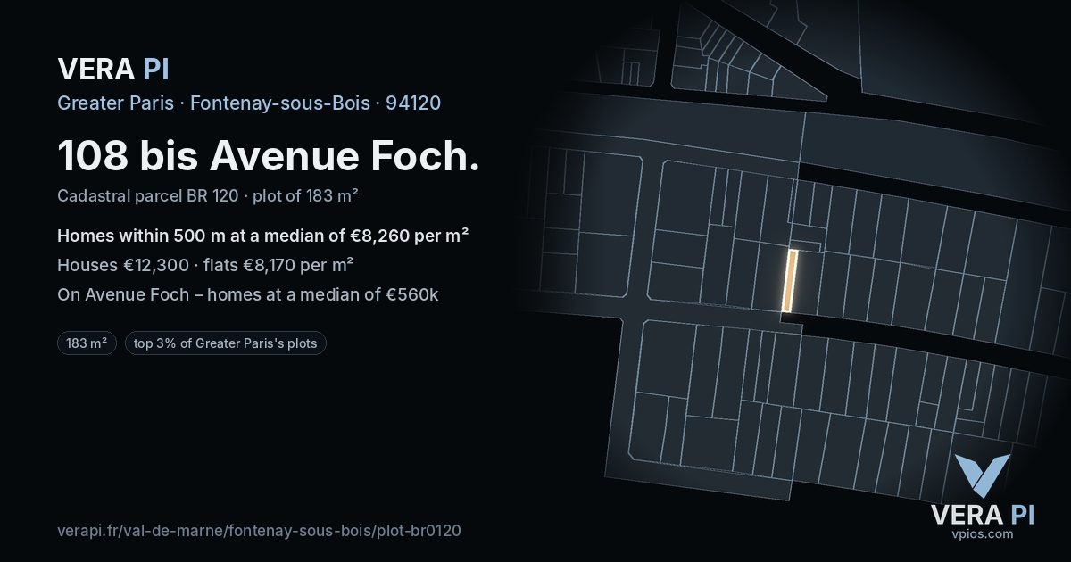 108 bis Avenue Foch, Fontenay-sous-Bois at night – the plot lit, the parcels around coloured by the prices near them