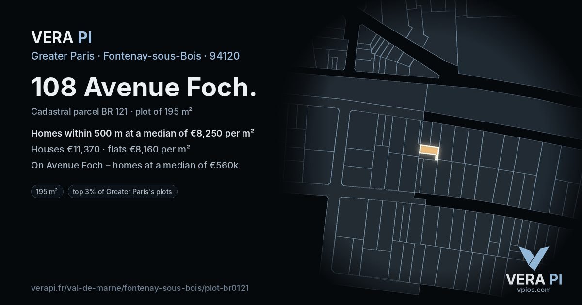 108 Avenue Foch, Fontenay-sous-Bois at night – the plot lit, the parcels around coloured by the prices near them