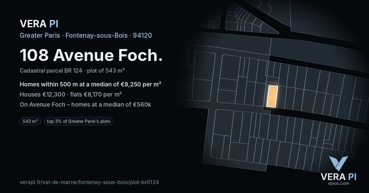 108 Avenue Foch, Fontenay-sous-Bois at night – the plot lit, the parcels around coloured by the prices near them