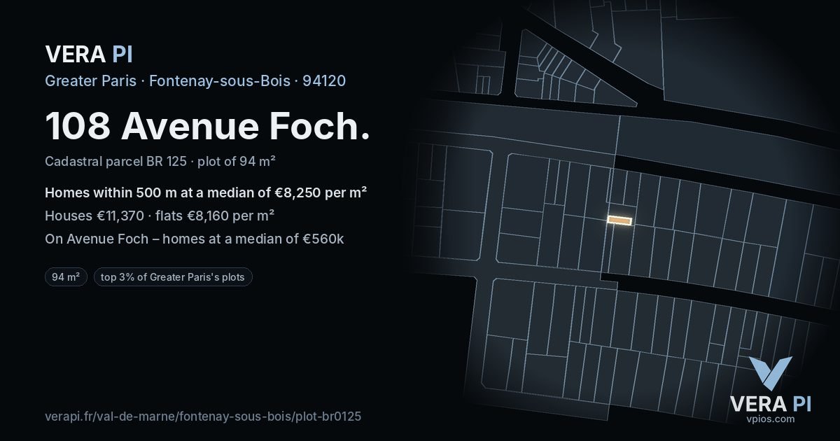 108 Avenue Foch, Fontenay-sous-Bois at night – the plot lit, the parcels around coloured by the prices near them