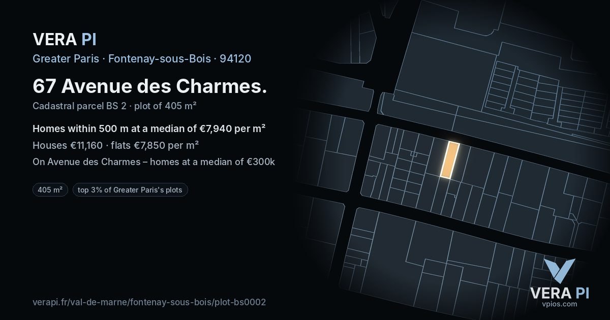 67 Avenue des Charmes, Fontenay-sous-Bois at night – the plot lit, the parcels around coloured by the prices near them