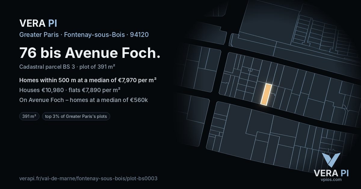 76 bis Avenue Foch, Fontenay-sous-Bois at night – the plot lit, the parcels around coloured by the prices near them