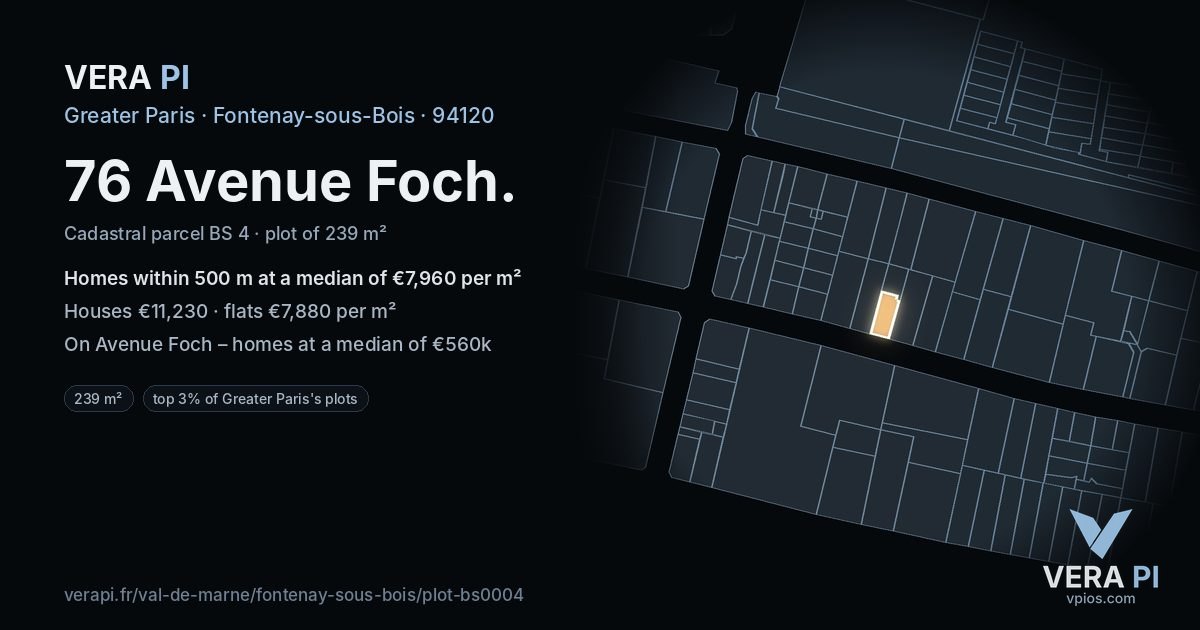 76 Avenue Foch, Fontenay-sous-Bois at night – the plot lit, the parcels around coloured by the prices near them
