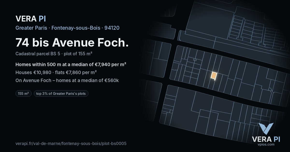 74 bis Avenue Foch, Fontenay-sous-Bois at night – the plot lit, the parcels around coloured by the prices near them