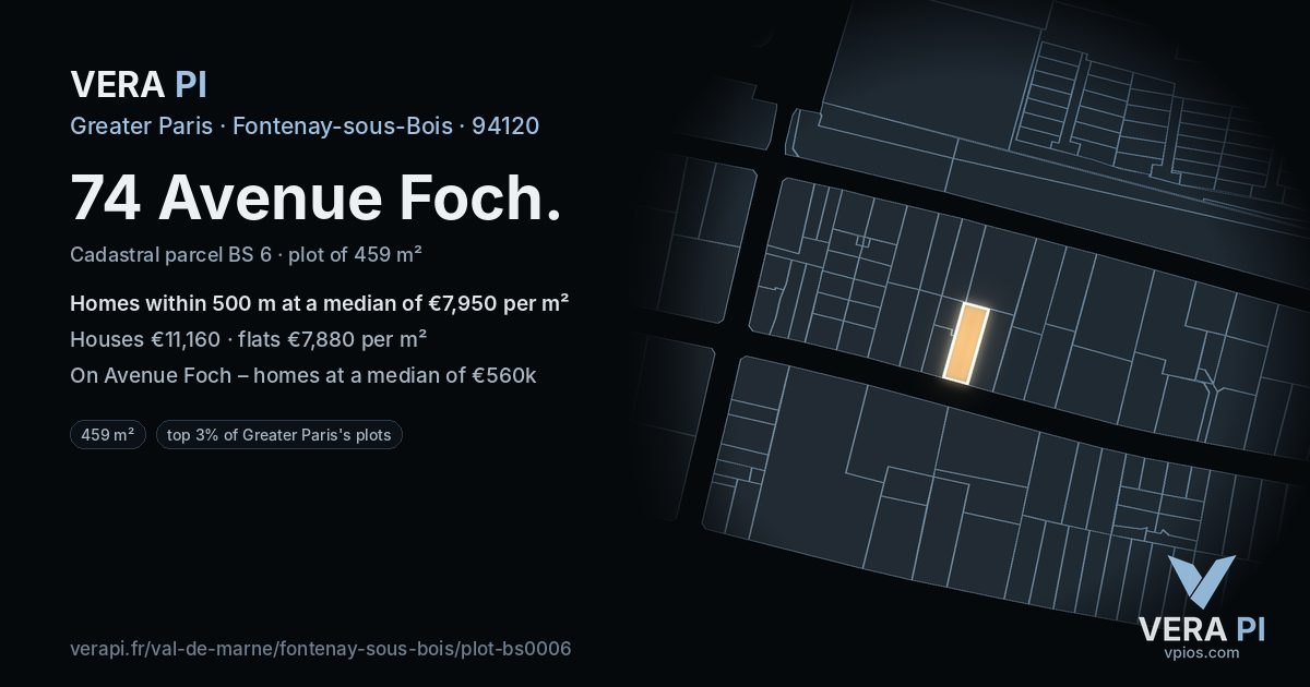 74 Avenue Foch, Fontenay-sous-Bois at night – the plot lit, the parcels around coloured by the prices near them