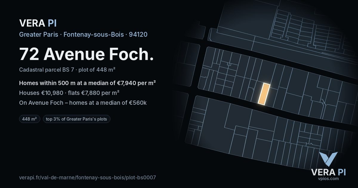 72 Avenue Foch, Fontenay-sous-Bois at night – the plot lit, the parcels around coloured by the prices near them
