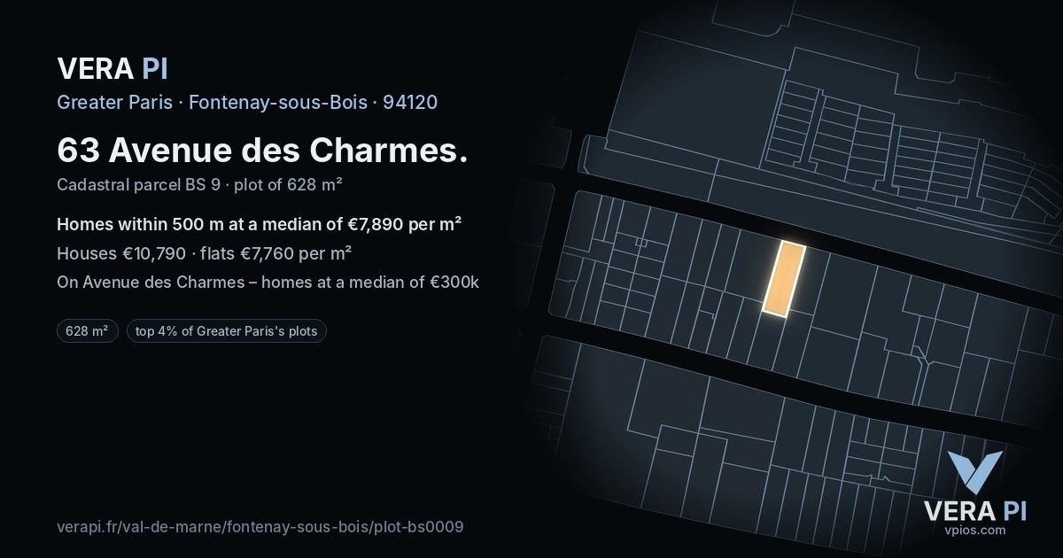 63 Avenue des Charmes, Fontenay-sous-Bois at night – the plot lit, the parcels around coloured by the prices near them