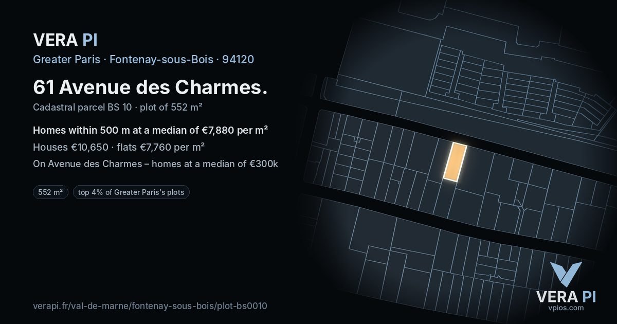 61 Avenue des Charmes, Fontenay-sous-Bois at night – the plot lit, the parcels around coloured by the prices near them