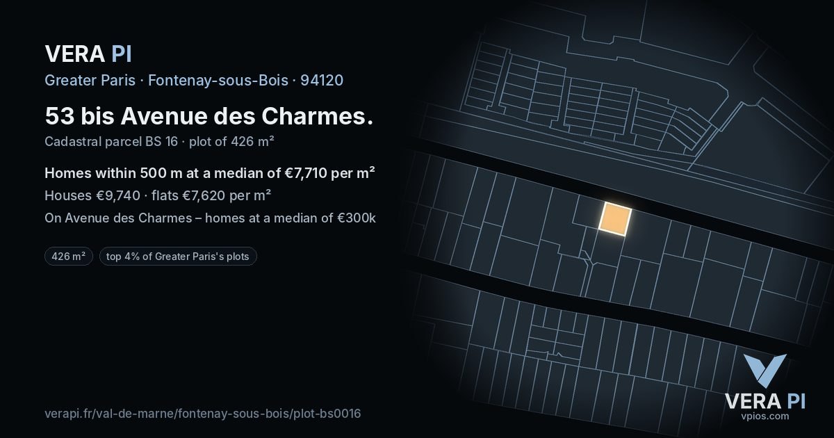 53 bis Avenue des Charmes, Fontenay-sous-Bois at night – the plot lit, the parcels around coloured by the prices near them
