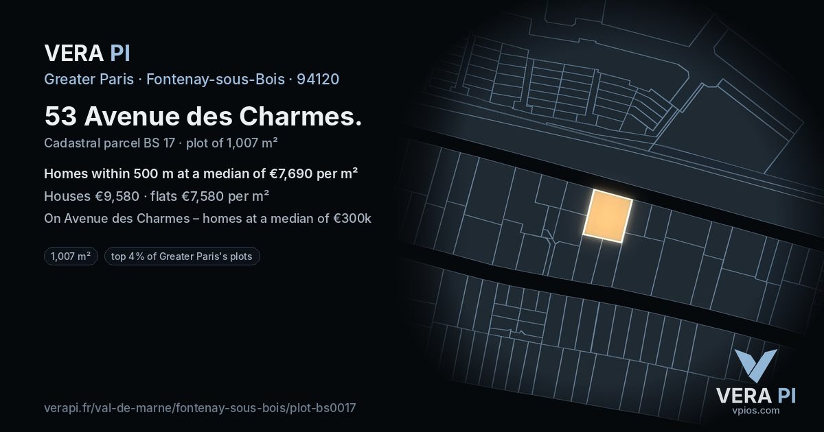 53 Avenue des Charmes, Fontenay-sous-Bois at night – the plot lit, the parcels around coloured by the prices near them