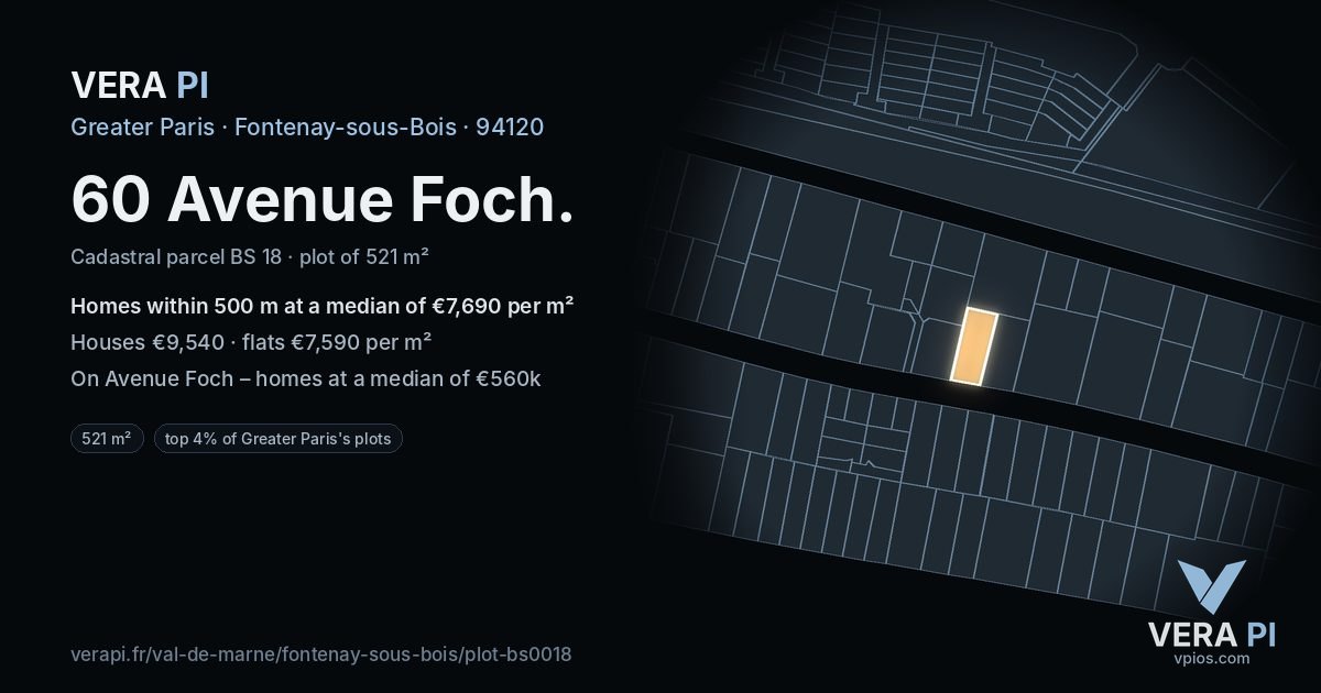 60 Avenue Foch, Fontenay-sous-Bois at night – the plot lit, the parcels around coloured by the prices near them