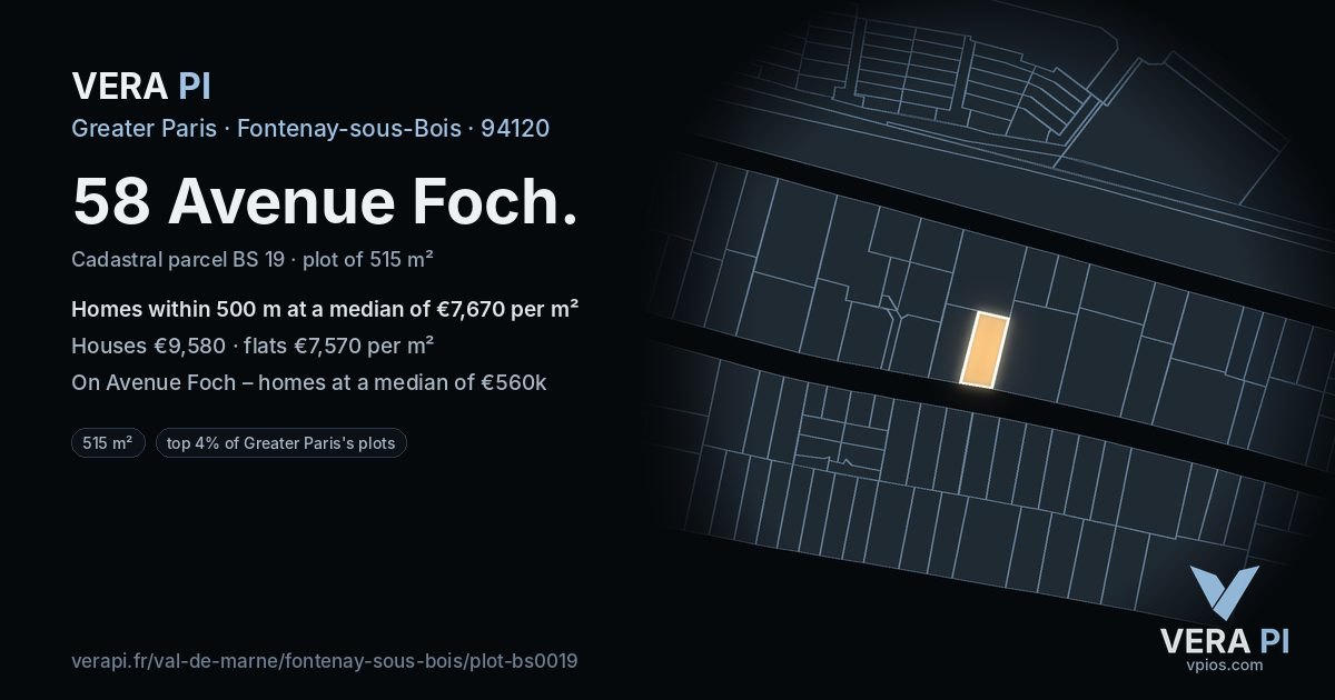 58 Avenue Foch, Fontenay-sous-Bois at night – the plot lit, the parcels around coloured by the prices near them