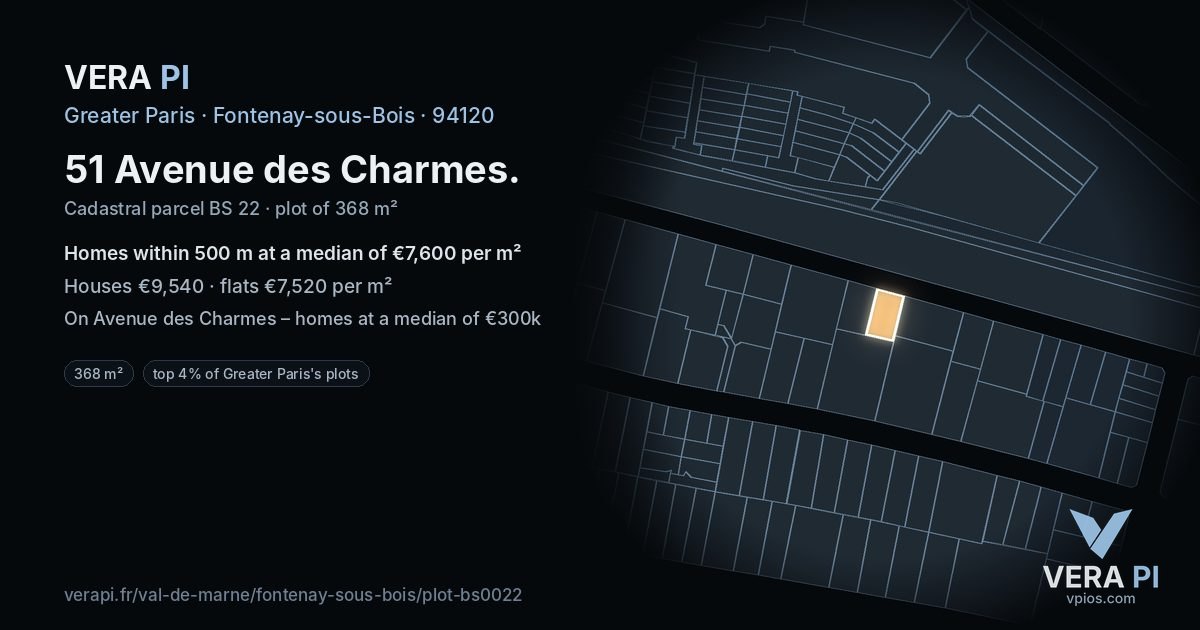 51 Avenue des Charmes, Fontenay-sous-Bois at night – the plot lit, the parcels around coloured by the prices near them