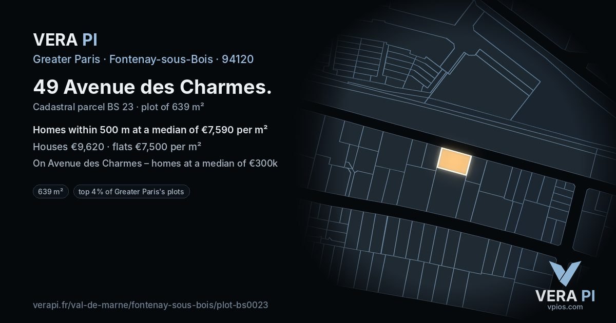 49 Avenue des Charmes, Fontenay-sous-Bois at night – the plot lit, the parcels around coloured by the prices near them