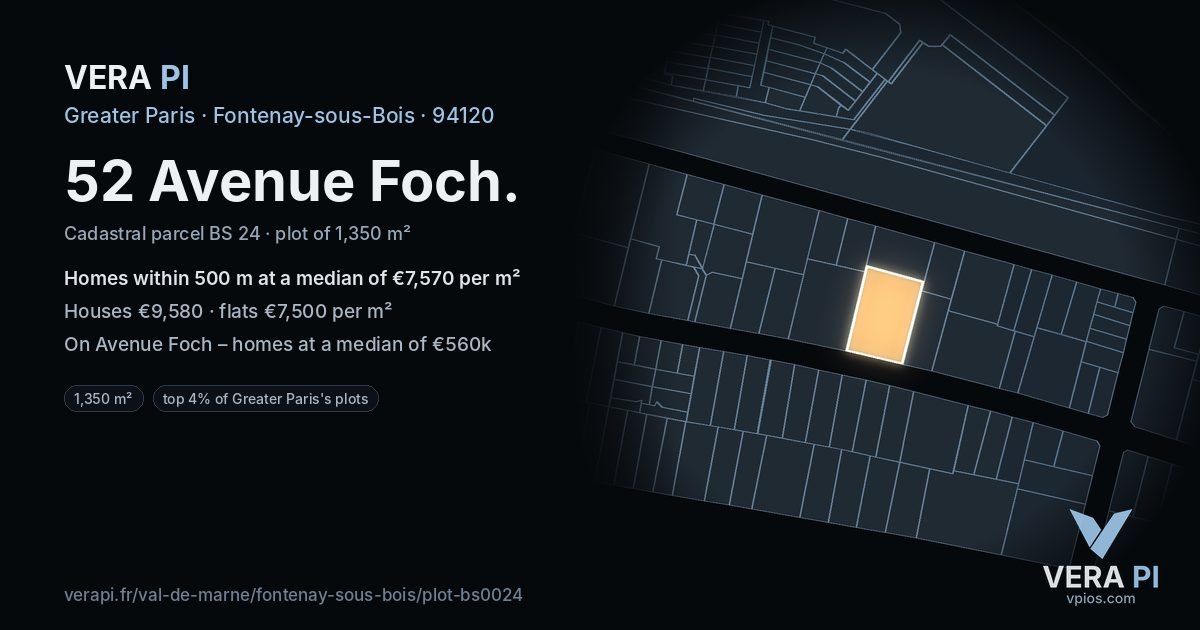 52 Avenue Foch, Fontenay-sous-Bois at night – the plot lit, the parcels around coloured by the prices near them