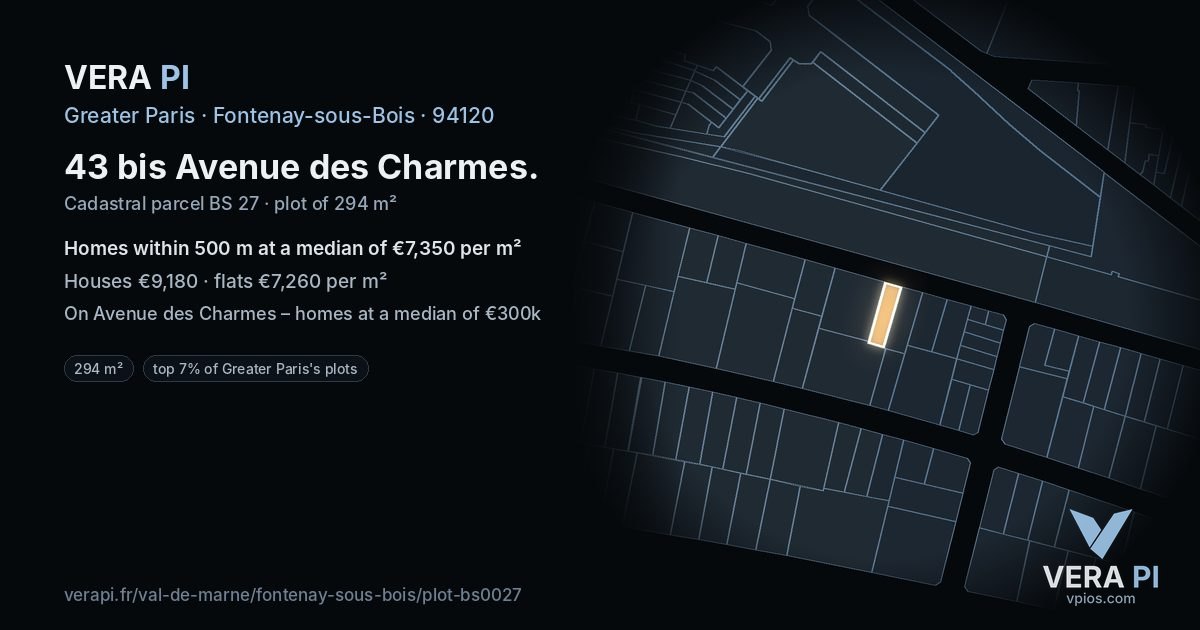 43 bis Avenue des Charmes, Fontenay-sous-Bois at night – the plot lit, the parcels around coloured by the prices near them