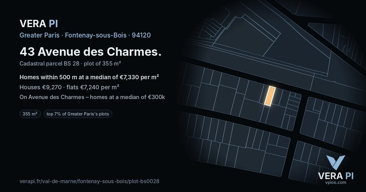 43 Avenue des Charmes, Fontenay-sous-Bois at night – the plot lit, the parcels around coloured by the prices near them