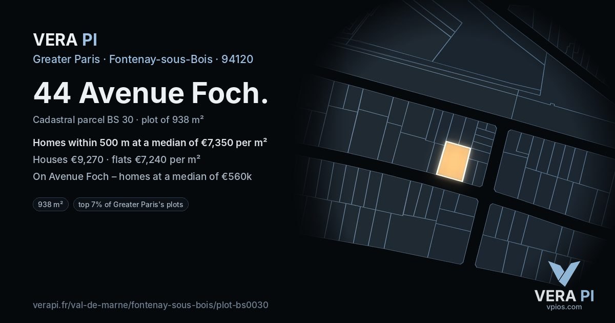 44 Avenue Foch, Fontenay-sous-Bois at night – the plot lit, the parcels around coloured by the prices near them