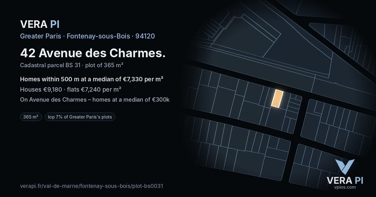 42 Avenue des Charmes, Fontenay-sous-Bois at night – the plot lit, the parcels around coloured by the prices near them