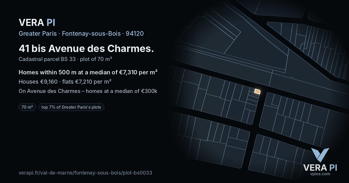 41 bis Avenue des Charmes, Fontenay-sous-Bois at night – the plot lit, the parcels around coloured by the prices near them