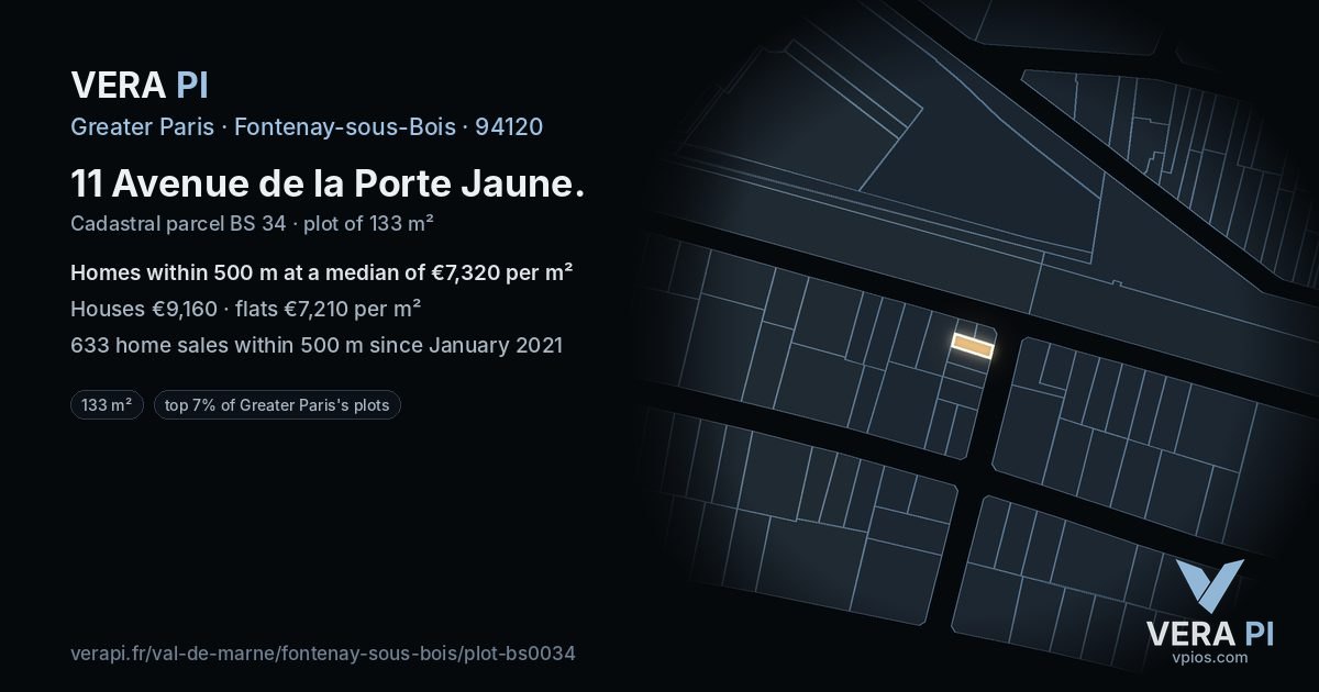 11 Avenue de la Porte Jaune, Fontenay-sous-Bois at night – the plot lit, the parcels around coloured by the prices near them