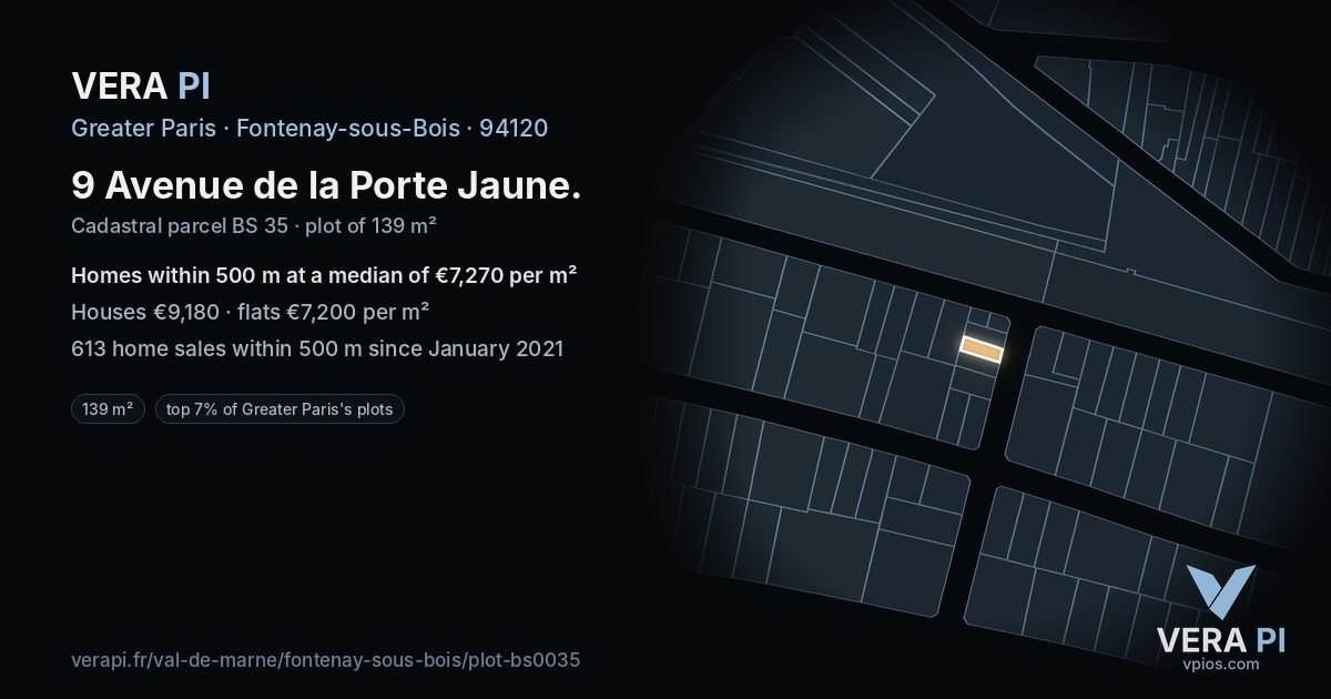 9 Avenue de la Porte Jaune, Fontenay-sous-Bois at night – the plot lit, the parcels around coloured by the prices near them