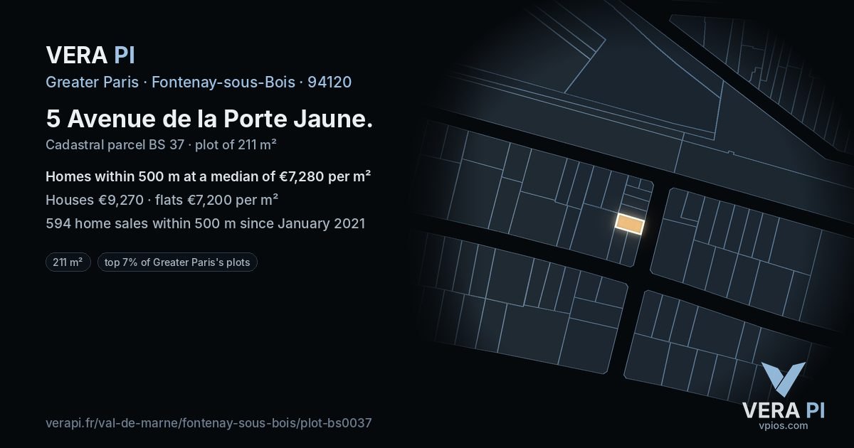 5 Avenue de la Porte Jaune, Fontenay-sous-Bois at night – the plot lit, the parcels around coloured by the prices near them