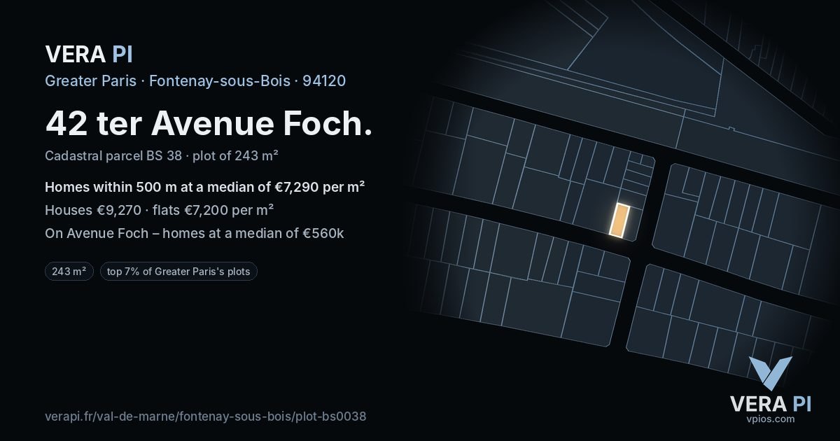 42 ter Avenue Foch, Fontenay-sous-Bois at night – the plot lit, the parcels around coloured by the prices near them
