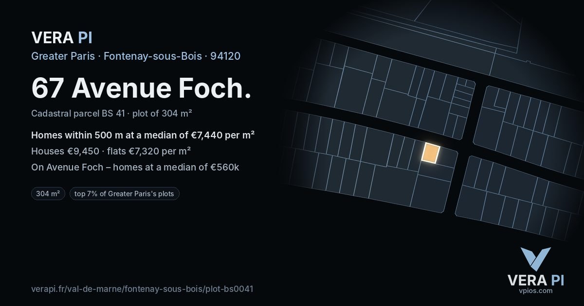 67 Avenue Foch, Fontenay-sous-Bois at night – the plot lit, the parcels around coloured by the prices near them