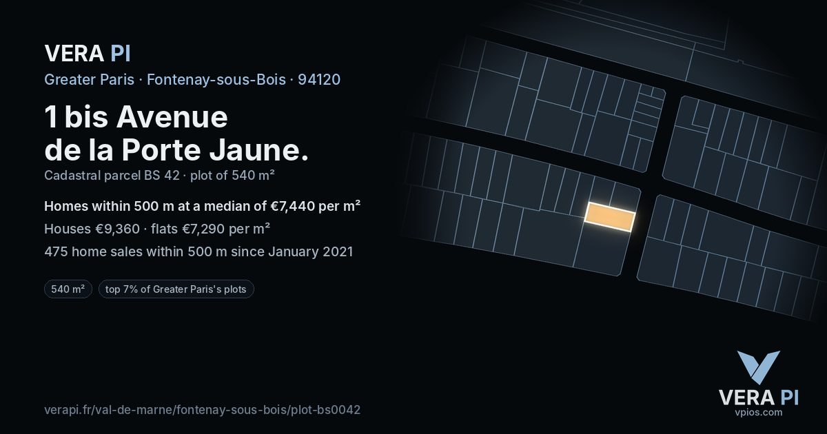 1 bis Avenue de la Porte Jaune, Fontenay-sous-Bois at night – the plot lit, the parcels around coloured by the prices near them