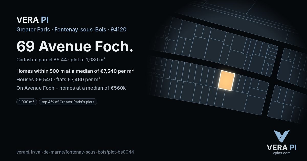 69 Avenue Foch, Fontenay-sous-Bois at night – the plot lit, the parcels around coloured by the prices near them
