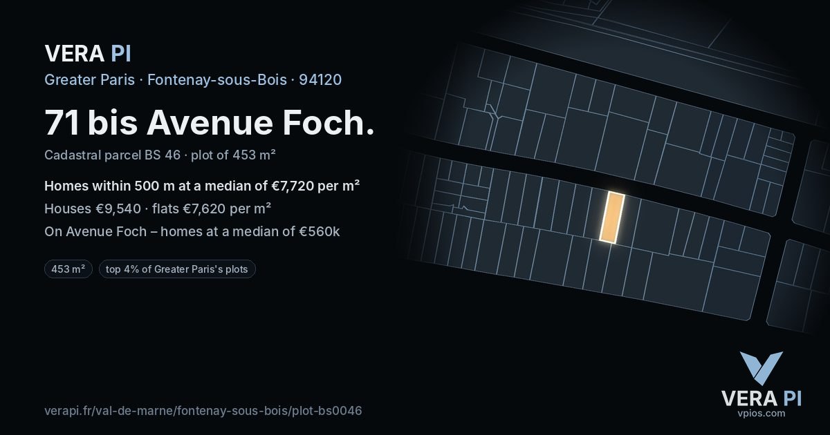 71 bis Avenue Foch, Fontenay-sous-Bois at night – the plot lit, the parcels around coloured by the prices near them