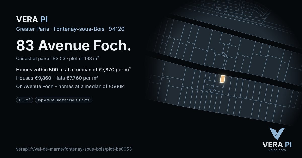 83 Avenue Foch, Fontenay-sous-Bois at night – the plot lit, the parcels around coloured by the prices near them