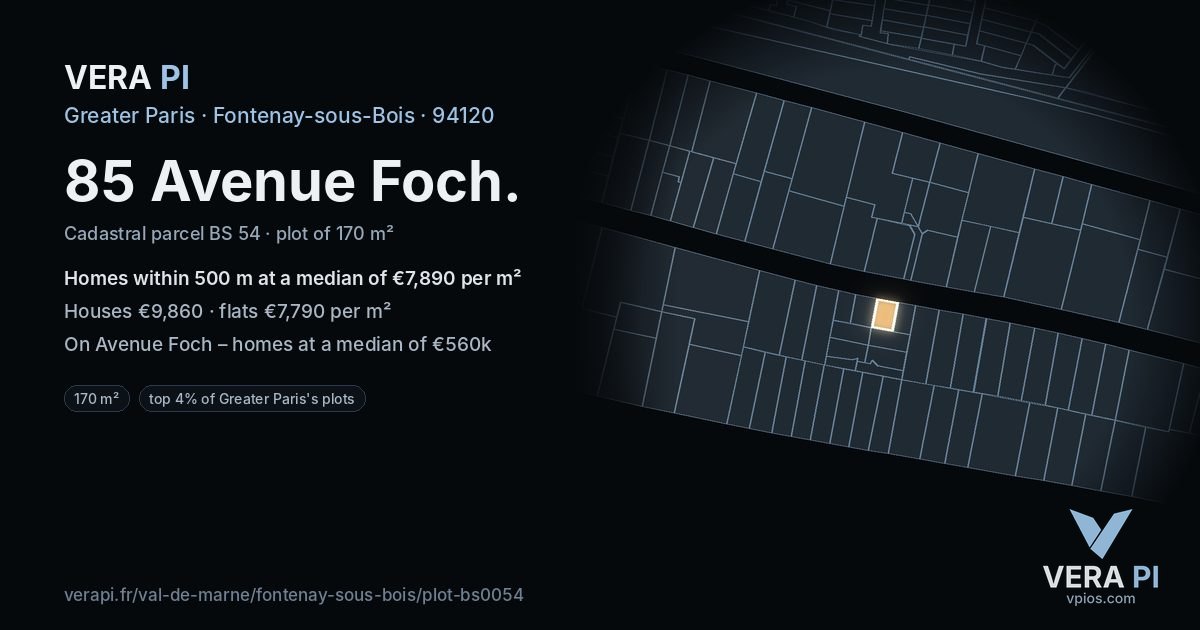85 Avenue Foch, Fontenay-sous-Bois at night – the plot lit, the parcels around coloured by the prices near them