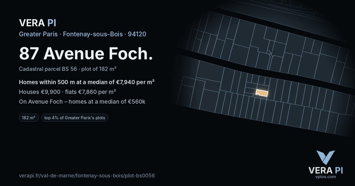 87 Avenue Foch, Fontenay-sous-Bois at night – the plot lit, the parcels around coloured by the prices near them