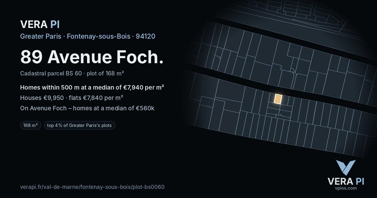 89 Avenue Foch, Fontenay-sous-Bois at night – the plot lit, the parcels around coloured by the prices near them