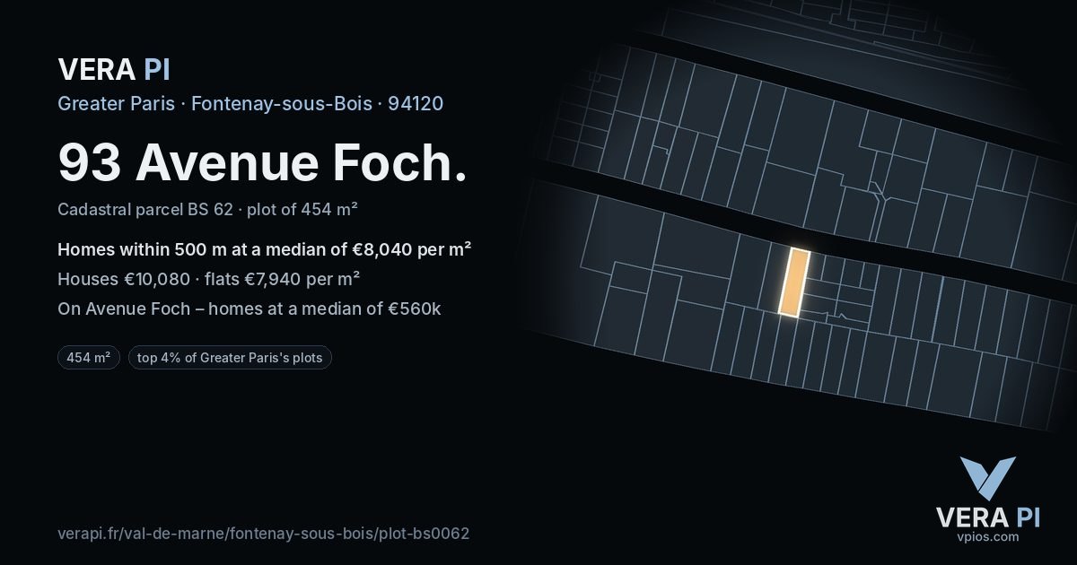 93 Avenue Foch, Fontenay-sous-Bois at night – the plot lit, the parcels around coloured by the prices near them