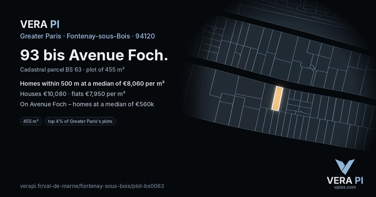 93 bis Avenue Foch, Fontenay-sous-Bois at night – the plot lit, the parcels around coloured by the prices near them