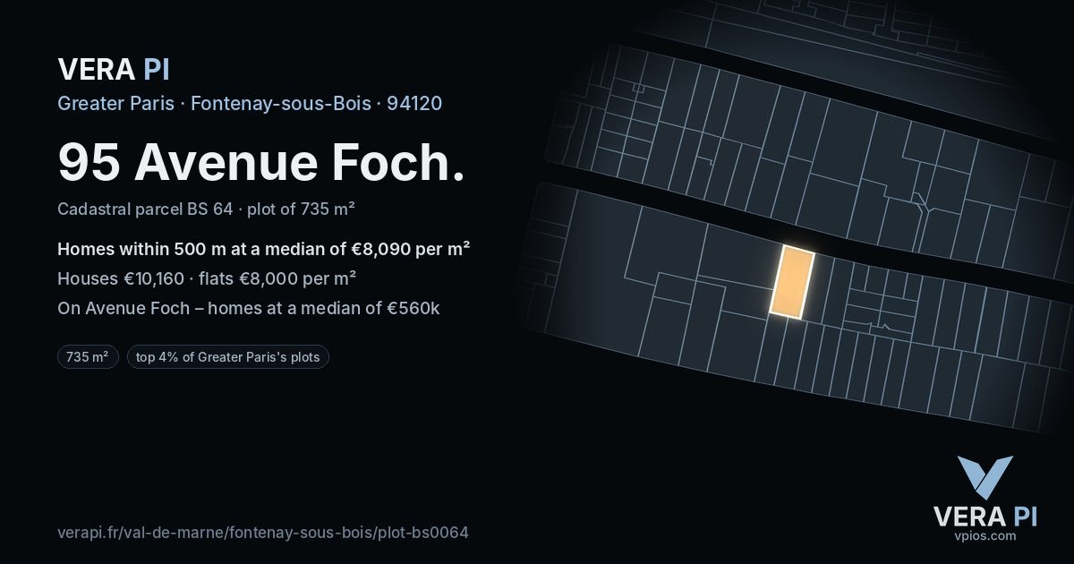 95 Avenue Foch, Fontenay-sous-Bois at night – the plot lit, the parcels around coloured by the prices near them