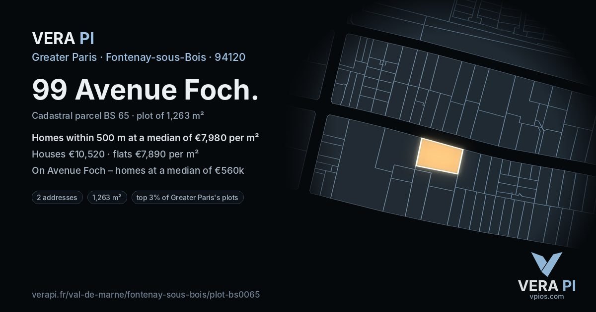 99 Avenue Foch, Fontenay-sous-Bois at night – the plot lit, the parcels around coloured by the prices near them