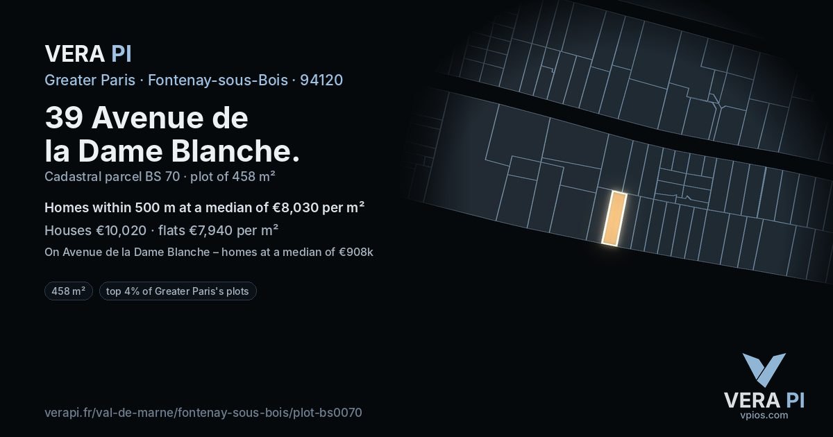 39 Avenue de la Dame Blanche, Fontenay-sous-Bois at night – the plot lit, the parcels around coloured by the prices near them