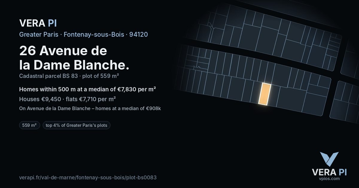 26 Avenue de la Dame Blanche, Fontenay-sous-Bois at night – the plot lit, the parcels around coloured by the prices near them