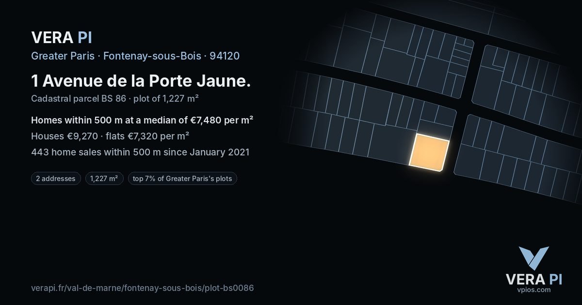 1 Avenue de la Porte Jaune, Fontenay-sous-Bois at night – the plot lit, the parcels around coloured by the prices near them